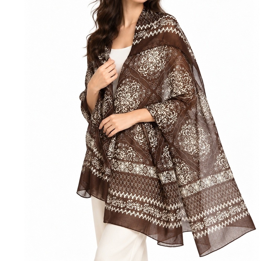 Women's Shawl Wrap Scarf Brown Cream OS 100% Viscose Boho Floral Geometric